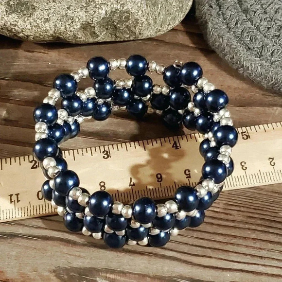Handcrafted Dark Blue Glass Pearl Silver Beads Wrap Bracelet - Picture 5 of 5